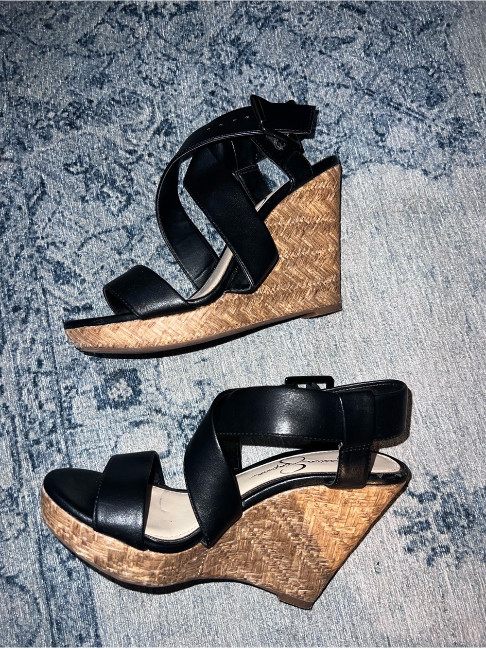 Jessica Simpson Black Leather Wedge Sandals with Woven Platform
